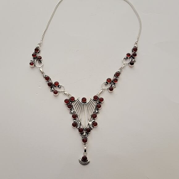Intricate Red Simulated Gemstone Necklace - Sterling Silver Statement Jewelry - Picture 7 of 7